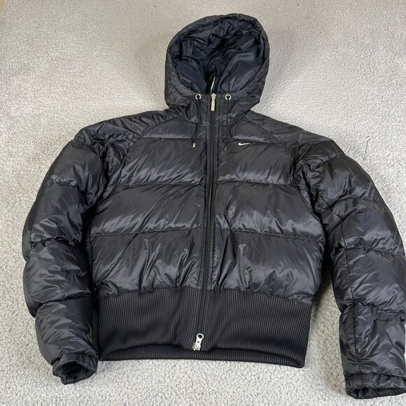 Nike Puffer Jacket Youth S 4-6Black Hood Coat Grey Duck Down Full Zip Swoosh